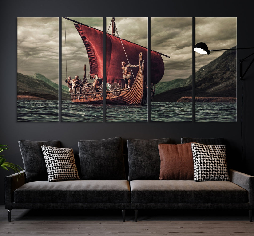 Large Old Viking Ship Wall Art Canvas Print Nautical Art Painting Ocean Seascape Sailing Art Multi Piece Canvas Art