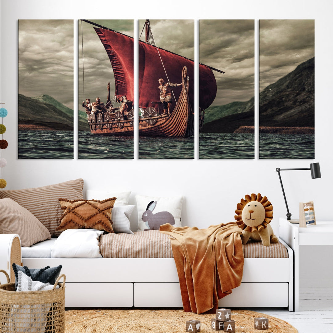 Large Old Viking Ship Wall Art Canvas Print Nautical Art Painting Ocean Seascape Sailing Art Multi Piece Canvas Art