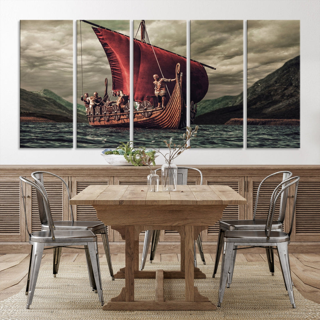 Large Old Viking Ship Wall Art Canvas Print Nautical Art Painting Ocean Seascape Sailing Art Multi Piece Canvas Art