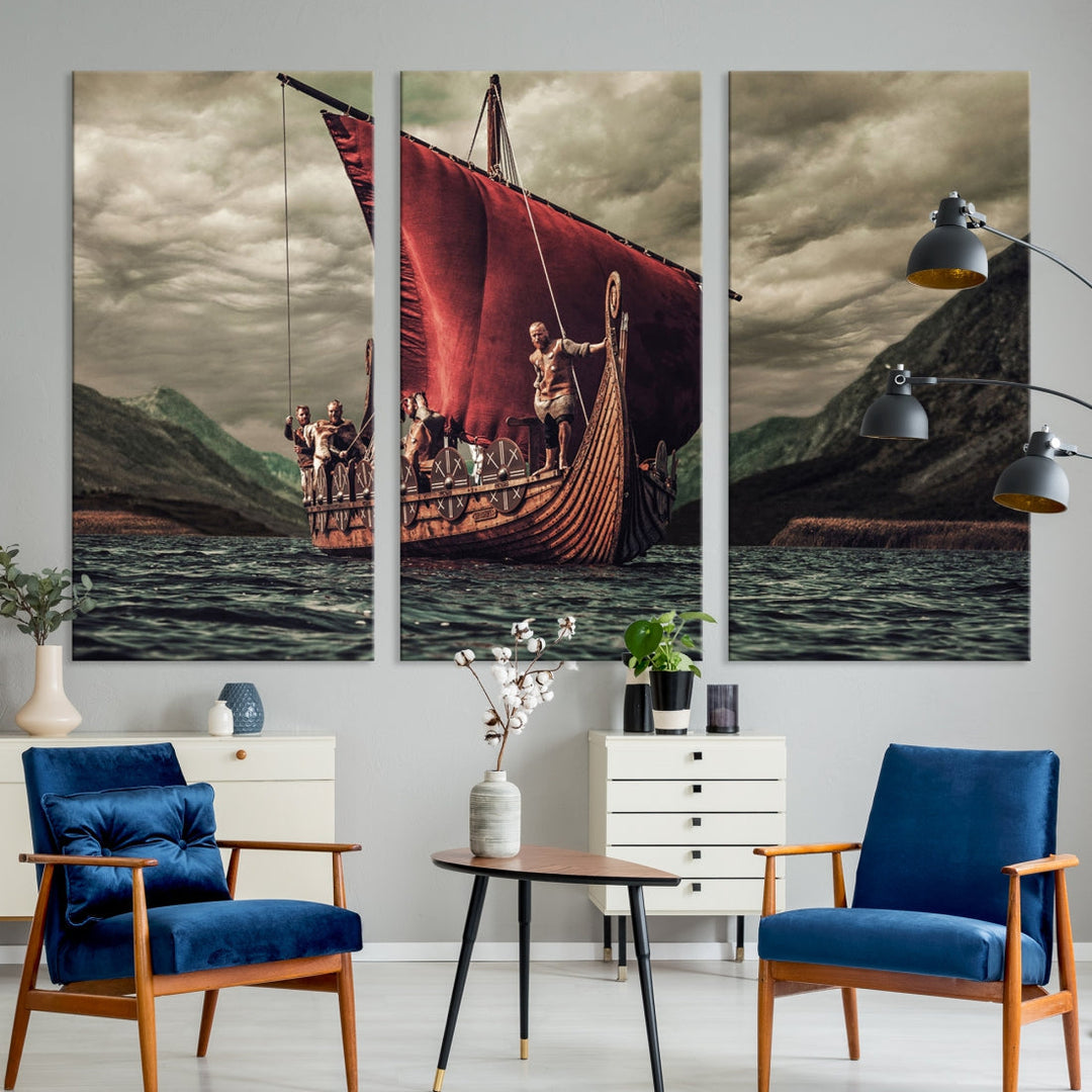 Large Old Viking Ship Wall Art Canvas Print Nautical Art Painting Ocean Seascape Sailing Art Multi Piece Canvas Art