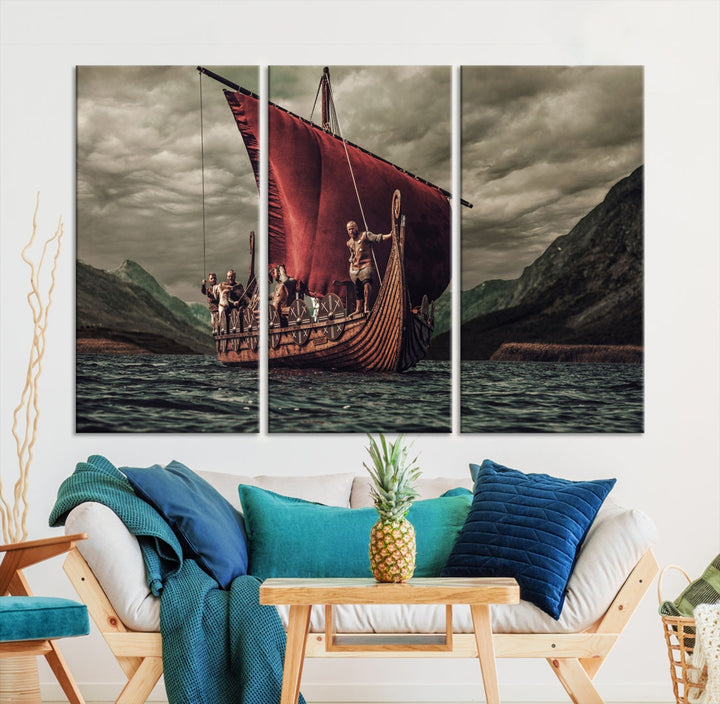 Large Old Vikings Ship Sailing Canvas Wall Art Print Nautical Art Wall Decor