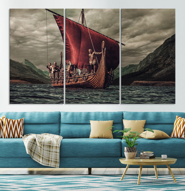 Large Old Vikings Ship Sailing Canvas Wall Art Print Nautical Art Wall Decor