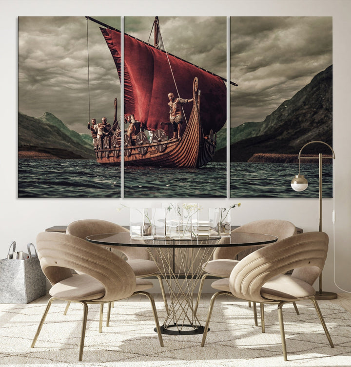 Large Old Vikings Ship Sailing Canvas Wall Art Print Nautical Art Wall Decor