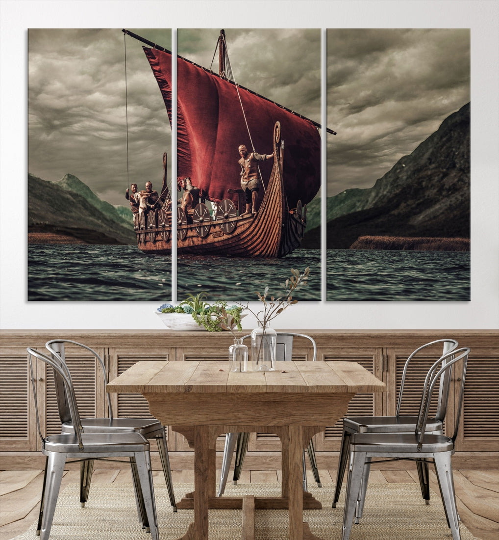 Large Old Vikings Ship Sailing Canvas Wall Art Print Nautical Art Wall Decor