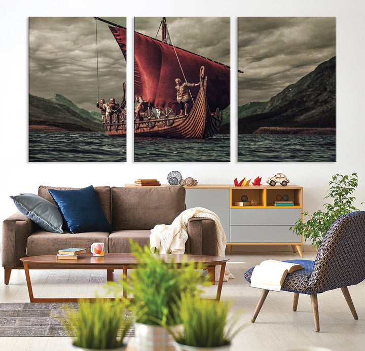 Large Old Vikings Ship Sailing Canvas Wall Art Print Nautical Art Wall Decor