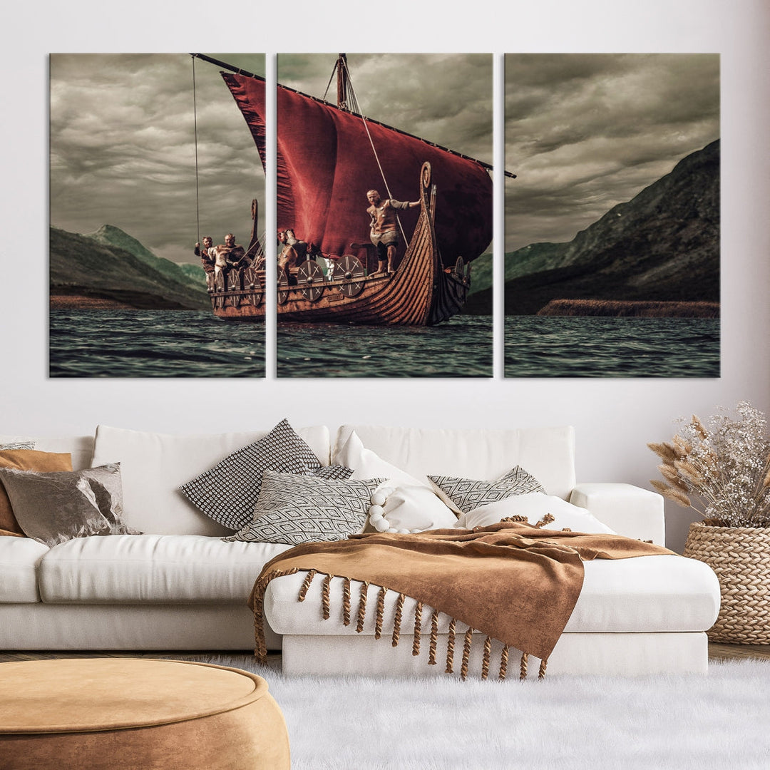 Large Old Vikings Ship Sailing Canvas Wall Art Print Nautical Art Wall Decor