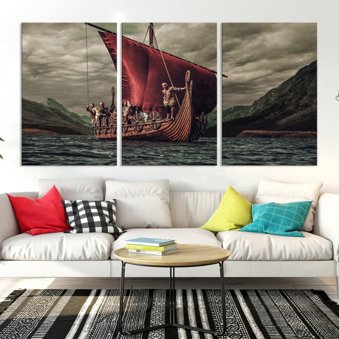 Large Old Vikings Ship Sailing Canvas Wall Art Print Nautical Art Wall Decor