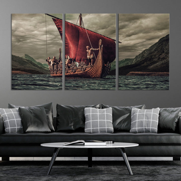 Large Old Vikings Ship Sailing Canvas Wall Art Print Nautical Art Wall Decor