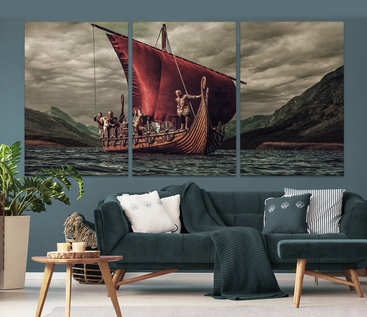 Large Old Vikings Ship Sailing Canvas Wall Art Print Nautical Art Wall Decor