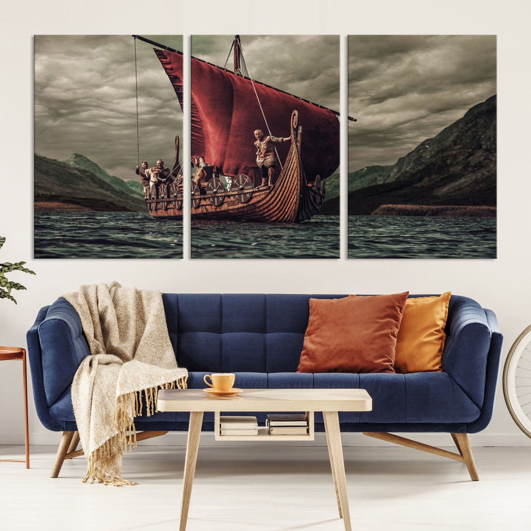 Large Old Vikings Ship Sailing Canvas Wall Art Print Nautical Art Wall Decor