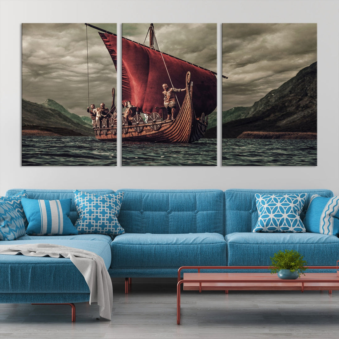 Large Old Vikings Ship Sailing Canvas Wall Art Print Nautical Art Wall Decor