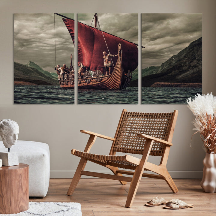 Large Old Vikings Ship Sailing Canvas Wall Art Print Nautical Art Wall Decor