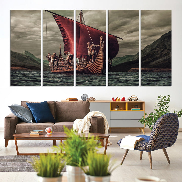 Large Old Vikings Ship Sailing Canvas Wall Art Print Nautical Art Wall Decor