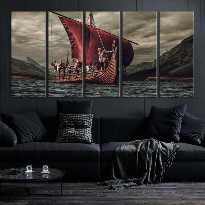 Large Old Vikings Ship Sailing Canvas Wall Art Print Nautical Art Wall Decor