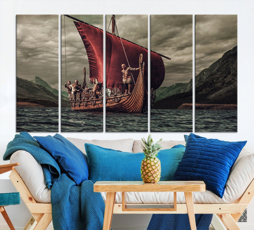 Large Old Vikings Ship Sailing Canvas Wall Art Print Nautical Art Wall Decor