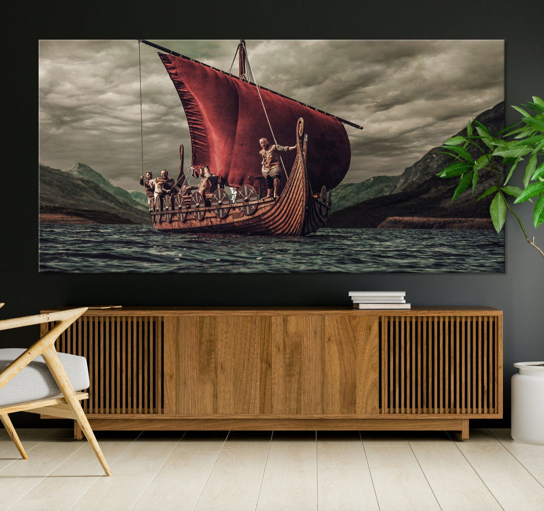 Large Old Vikings Ship Sailing Canvas Wall Art Print Nautical Art Wall Decor