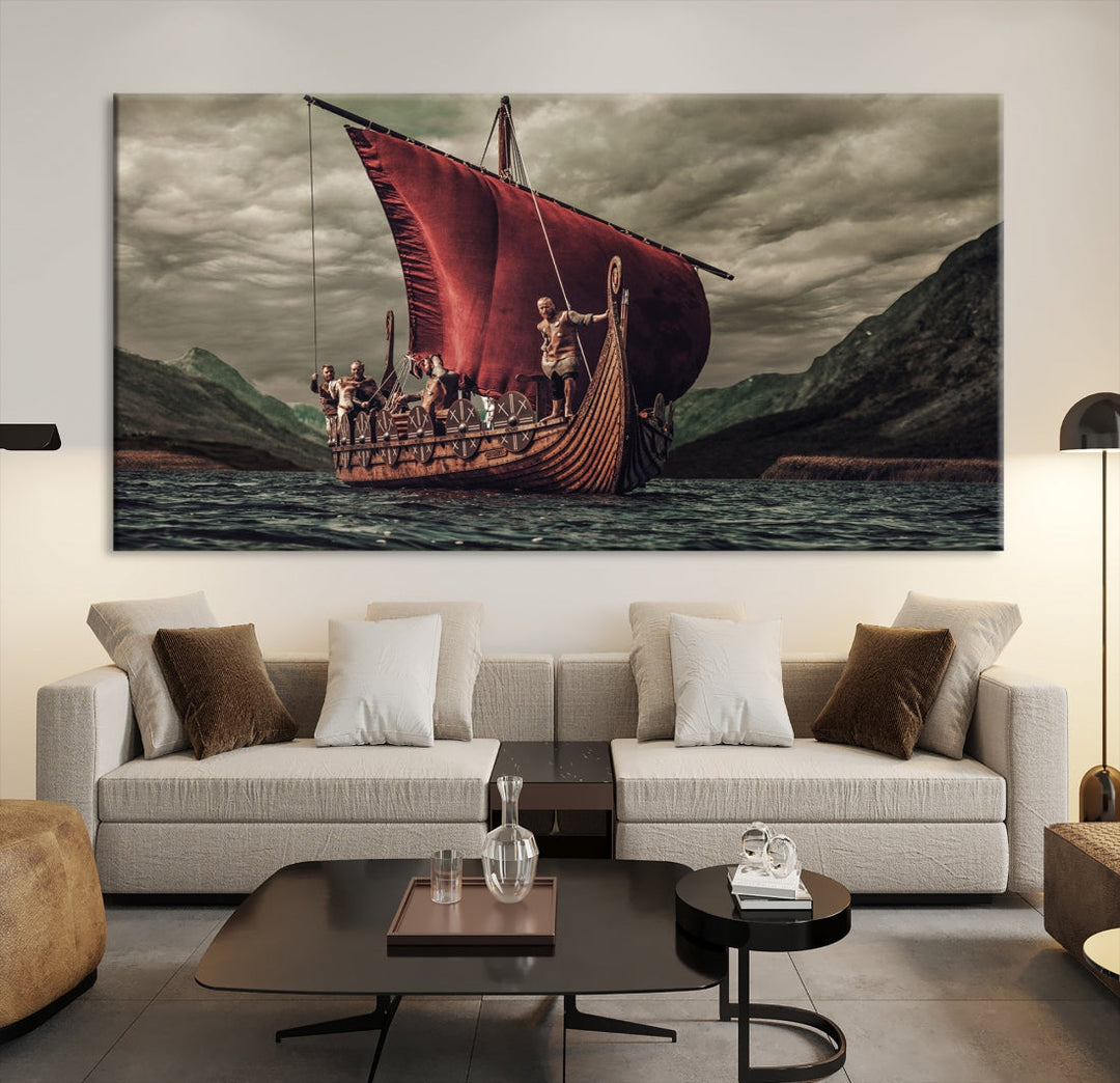 Large Old Vikings Ship Sailing Canvas Wall Art Print Nautical Art Wall Decor