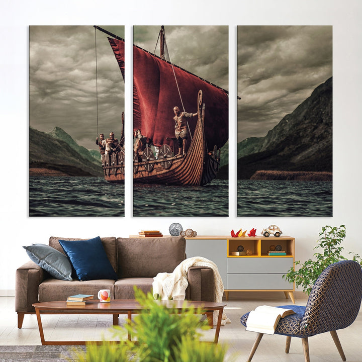 Large Old Vikings Ship Sailing Canvas Wall Art Print Nautical Art Wall Decor