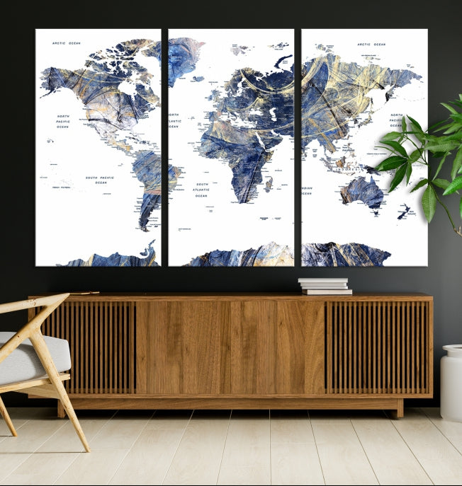 Large Push Pin Detailed World Map Canvas Print Framed Wall Decor