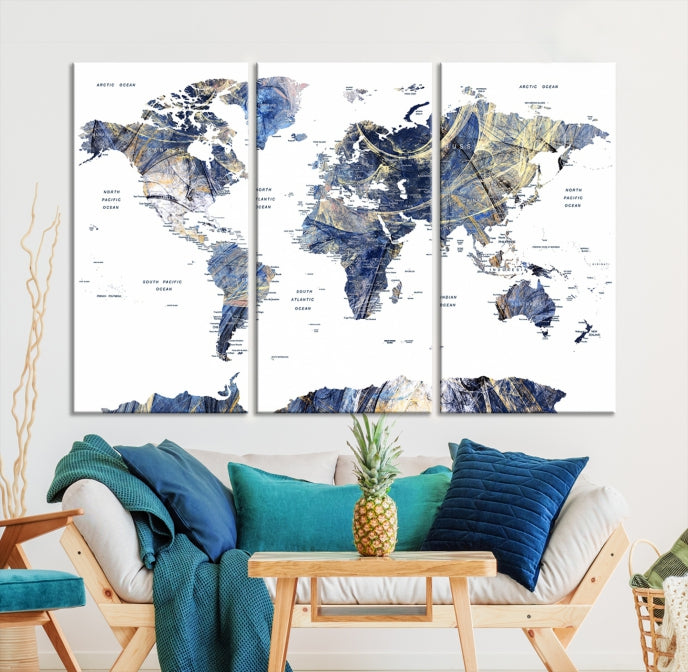 Large Push Pin Detailed World Map Canvas Print Framed Wall Decor