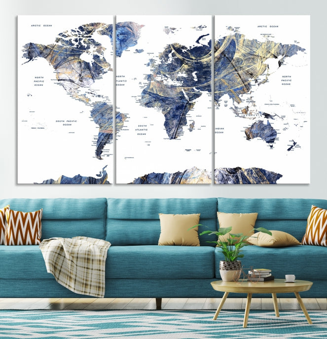 Large Push Pin Detailed World Map Canvas Print Framed Wall Decor