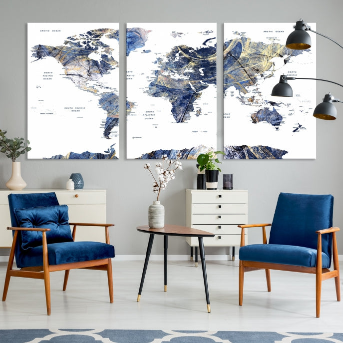 Large Push Pin Detailed World Map Canvas Print Framed Wall Decor