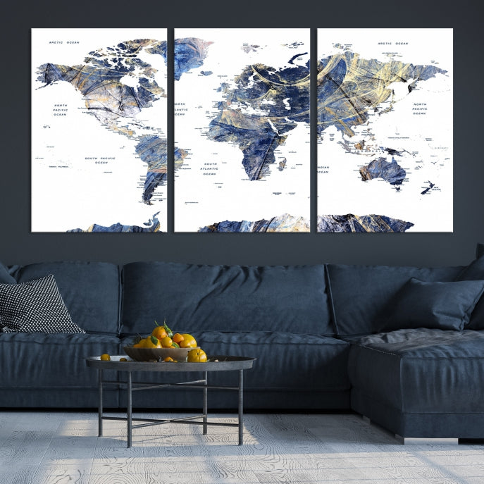 Large Push Pin Detailed World Map Canvas Print Framed Wall Decor