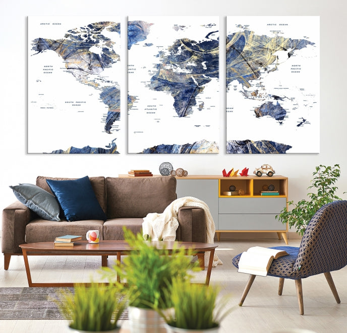 Large Push Pin Detailed World Map Canvas Print Framed Wall Decor