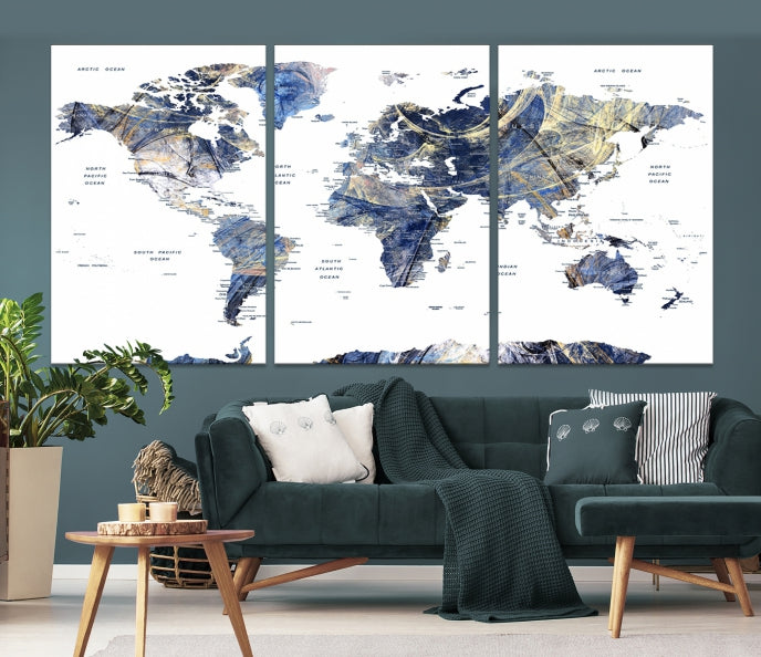 Large Push Pin Detailed World Map Canvas Print Framed Wall Decor