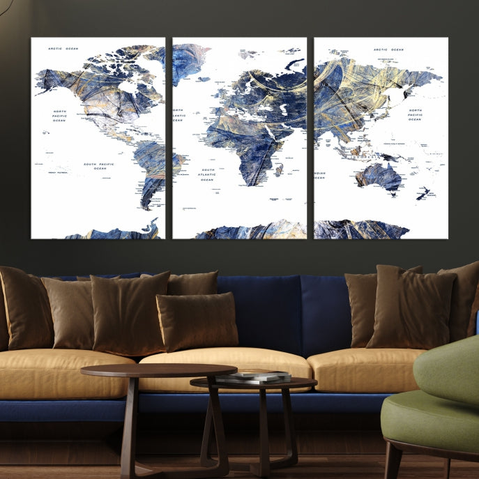 Large Push Pin Detailed World Map Canvas Print Framed Wall Decor