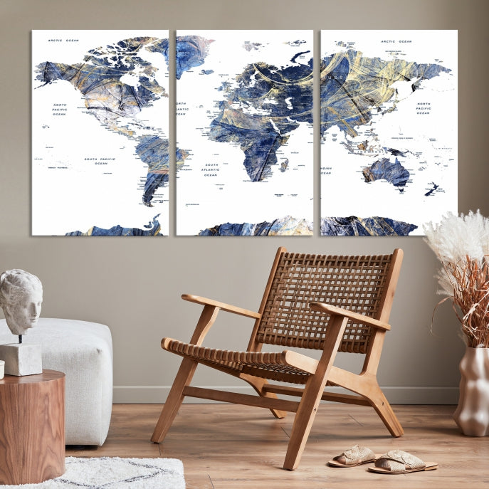 Large Push Pin Detailed World Map Canvas Print Framed Wall Decor