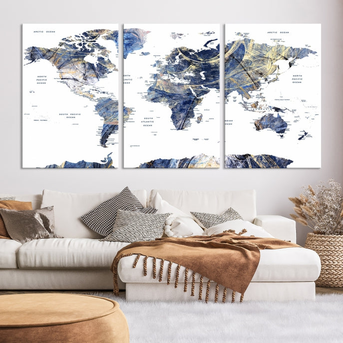 Large Push Pin Detailed World Map Canvas Print Framed Wall Decor