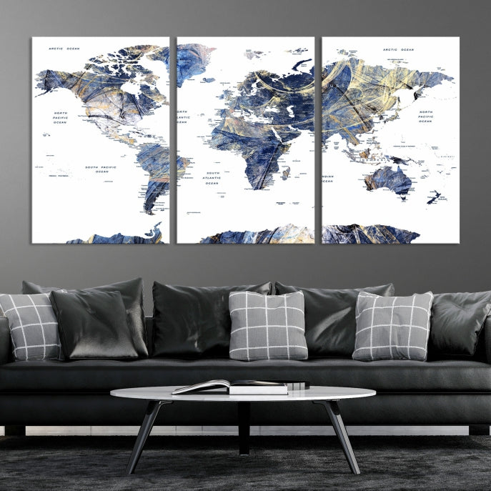 Large Push Pin Detailed World Map Canvas Print Framed Wall Decor