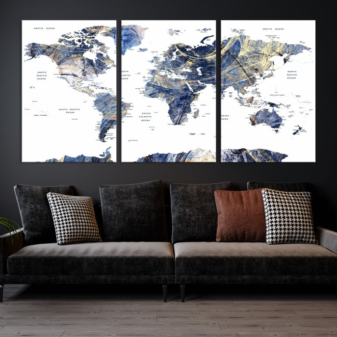 Large Push Pin Detailed World Map Canvas Print Framed Wall Decor