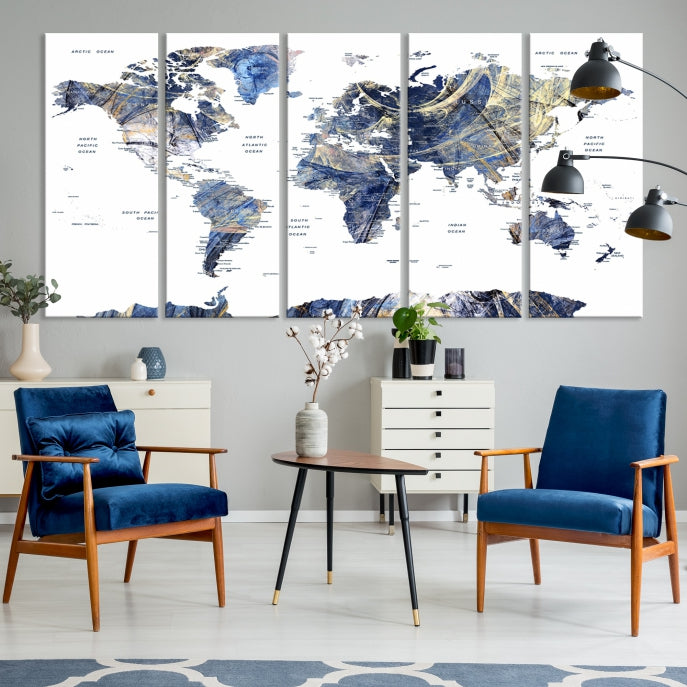 Large Push Pin Detailed World Map Canvas Print Framed Wall Decor