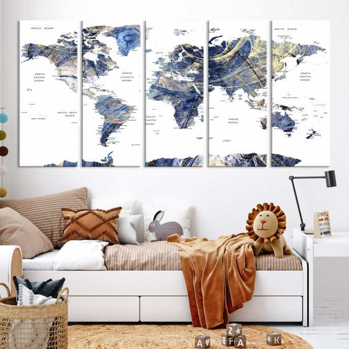 Large Push Pin Detailed World Map Canvas Print Framed Wall Decor