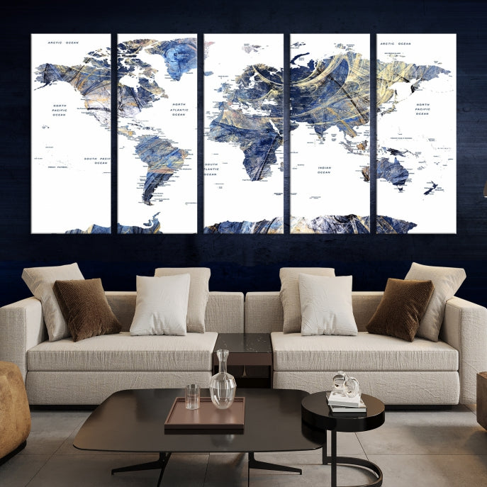 Large Push Pin Detailed World Map Canvas Print Framed Wall Decor