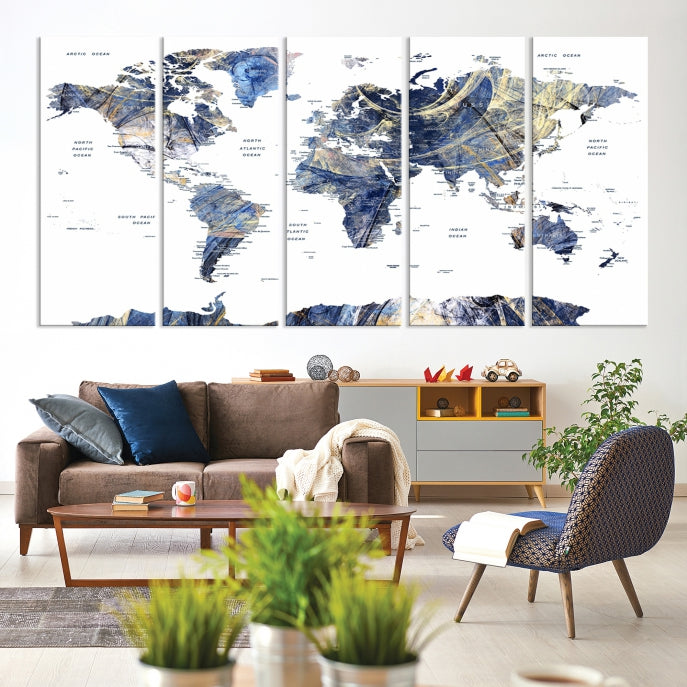 Large Push Pin Detailed World Map Canvas Print Framed Wall Decor