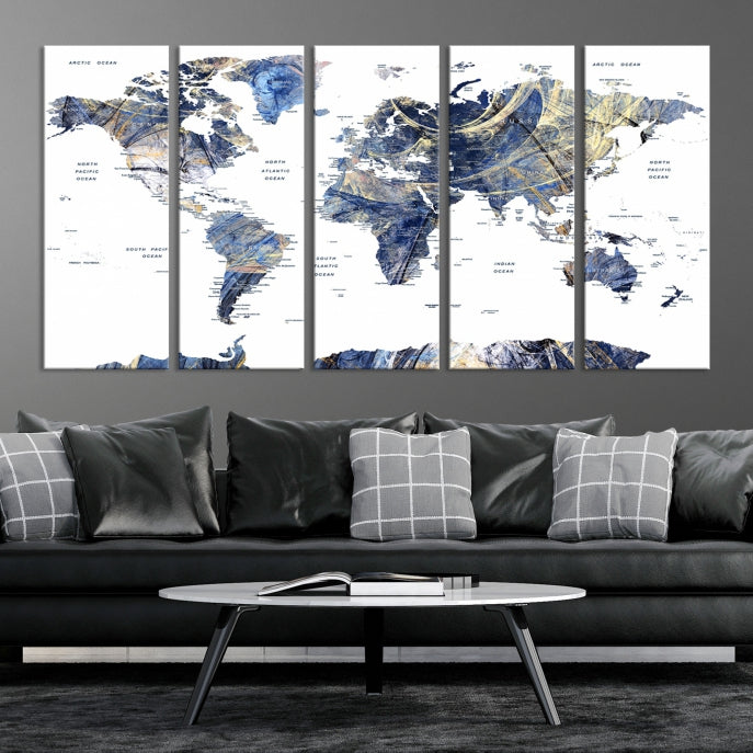 Large Push Pin Detailed World Map Canvas Print Framed Wall Decor