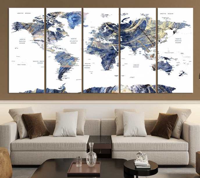 Large Push Pin Detailed World Map Canvas Print Framed Wall Decor