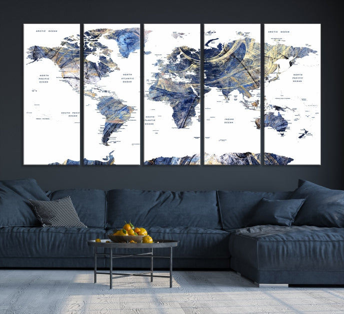 Large Push Pin Detailed World Map Canvas Print Framed Wall Decor