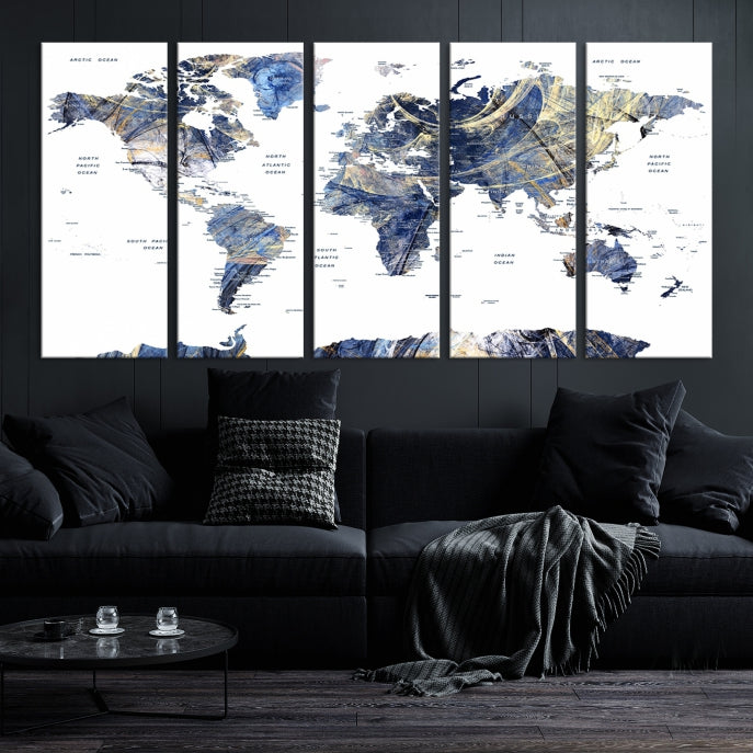 Large Push Pin Detailed World Map Canvas Print Framed Wall Decor