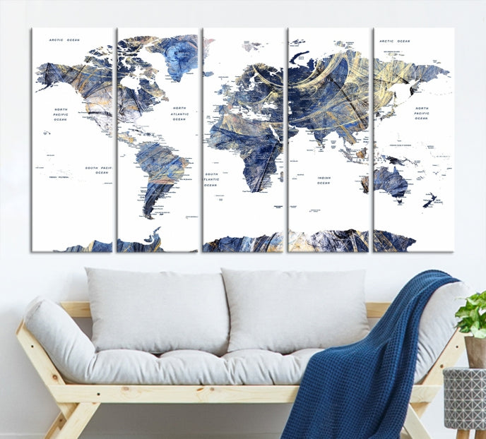 Large Push Pin Detailed World Map Canvas Print Framed Wall Decor