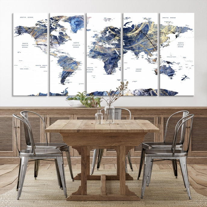 Large Push Pin Detailed World Map Canvas Print Framed Wall Decor