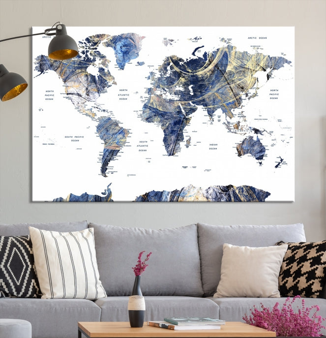 Large Push Pin Detailed World Map Canvas Print Framed Wall Decor