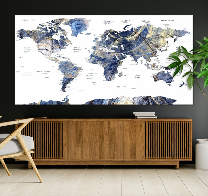 Large Push Pin Detailed World Map Canvas Print Framed Wall Decor