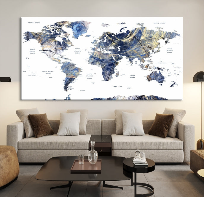 Large Push Pin Detailed World Map Canvas Print Framed Wall Decor