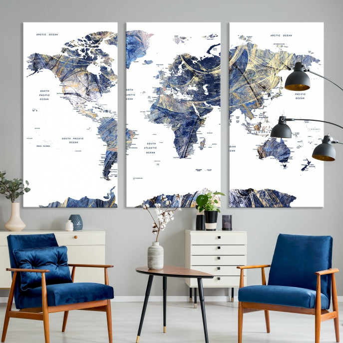 Large Push Pin Detailed World Map Canvas Print Framed Wall Decor