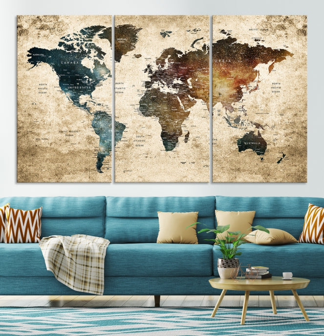 Large Push Pin Detailed World Map Wall Art Travel Map Canvas Print for Living Room