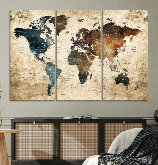 Large Push Pin Detailed World Map Wall Art Travel Map Canvas Print for Living Room